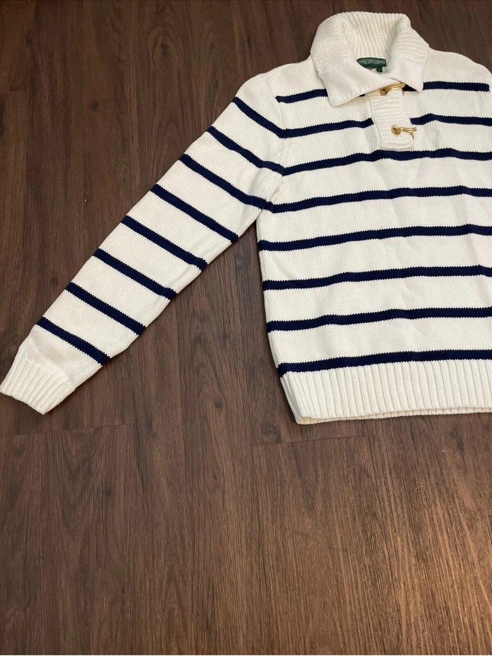 Ralph Lauren White & Navy Striped Polo-Collar Sweater - Picture 4 of 15